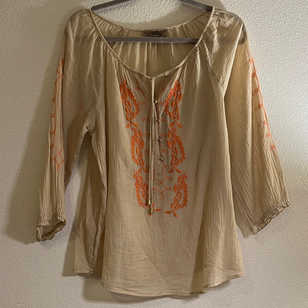 Vintage America Beige Peasant Blouse with Orange Embroidery